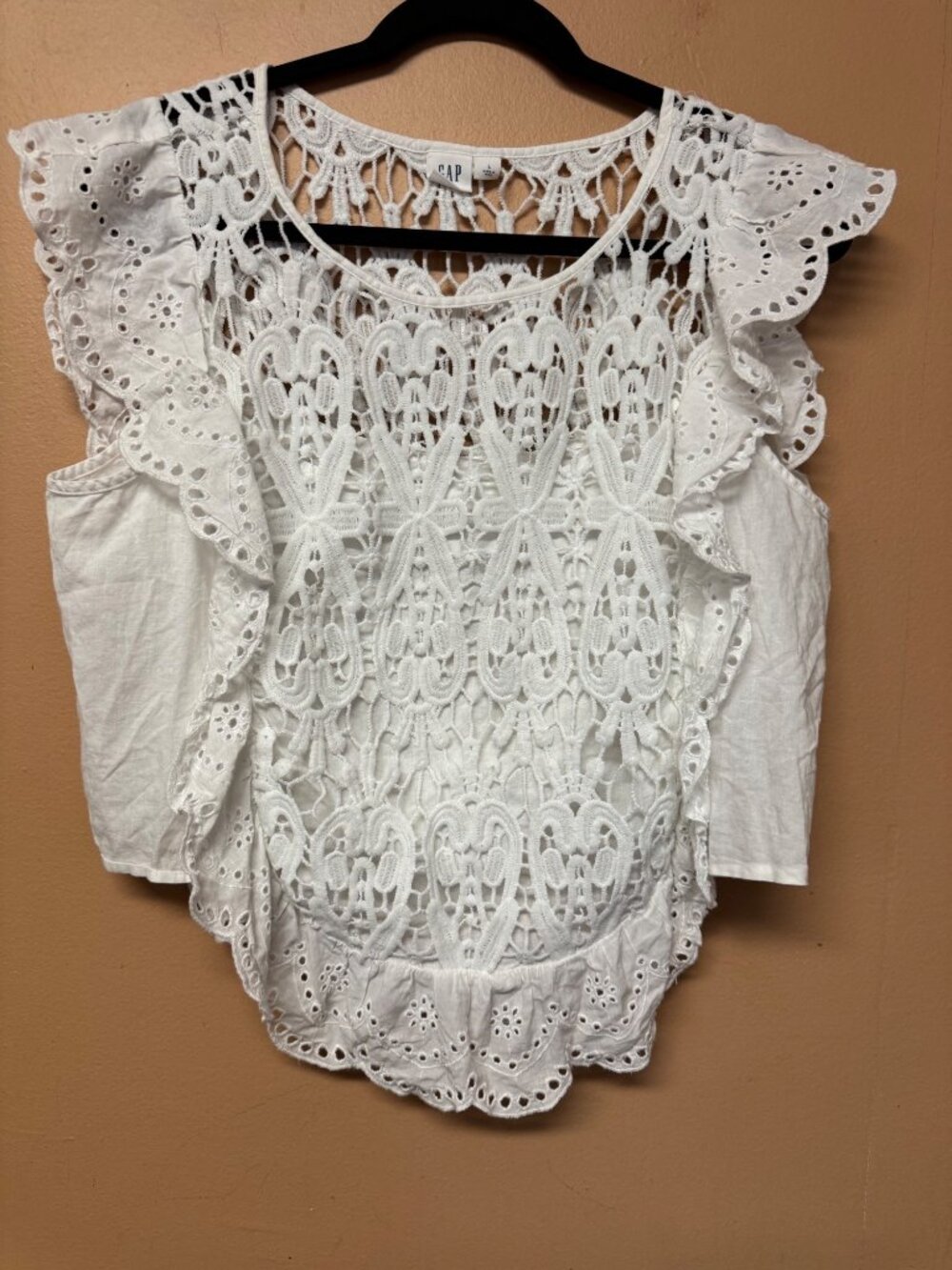 Gap White Eyelet Crochet Lace Flutter Sleeve Boho Cottagecore Blouse Top L